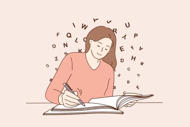 Une adolescente ou un adolescent écrit, penché sur un cahier. Des lettres voltigent autour de ce personnage qui a les cheveux longs.